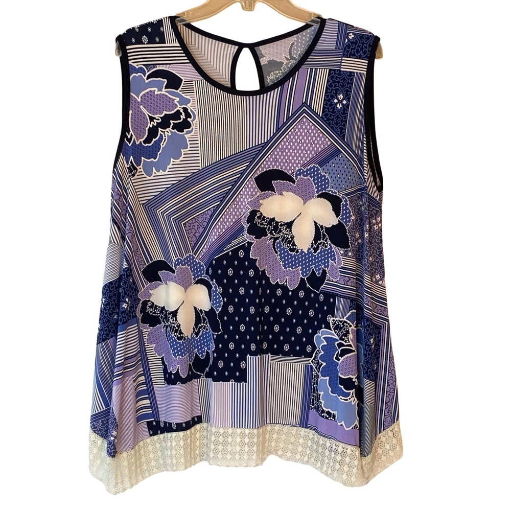 Sleeveless lightweight flowy tunic in blues, purples and white